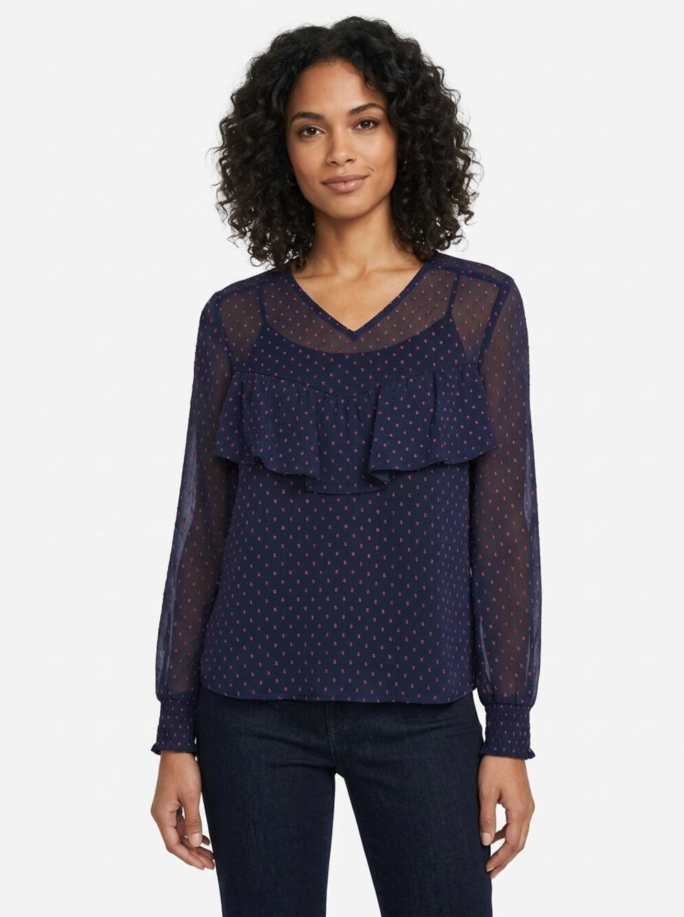 Express Navy Blue Pink Polka Dot Sheer Ruffle Blouse Women Size L